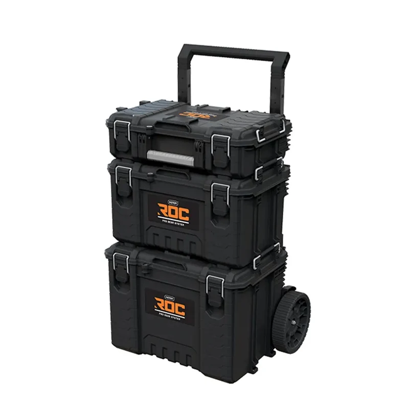 Set di 3 cassette portautensili Keter ROC Pro Gear 2.0, capacità totale 110 L, protezione IP65, maniglia telescopica rimovibile, chiusura con lucchetto, 256982