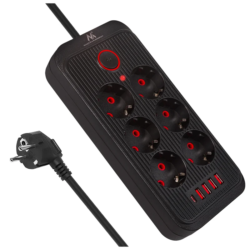 Ciabatta elettrica Maclean, cavo di prolunga a 6 prese + 4xUSB, 110-240V AC 50/60Hz, 2,1A max 2500W, 3m, nero, MCE391 B