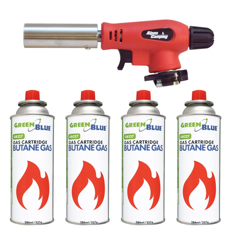 Bruciatore a cartuccia Alpen Camping, raggio d'azione 360°, temperatura della fiamma 1300 °C, accensione piezoelettrica, OLIMP + 4 cartucce di gas da 227 g GreenBlue. Certificato: Pi 0875, conforme alla norma EN417