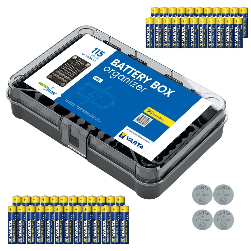 Organizer a batteria GreenBlue Varta Box GB189 + 22 batterie AA Varta Industrial + 25 batterie AAA Varta Industrial + 4 batterie CR2032 al litio Varta