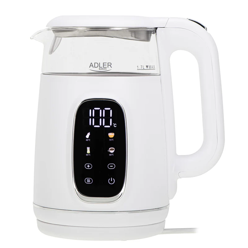 Bollitore elettrico in vetro con regolazione della temperatura 1,7 L, LED, 40–100 °C, Adler AD 1305 WS bianco