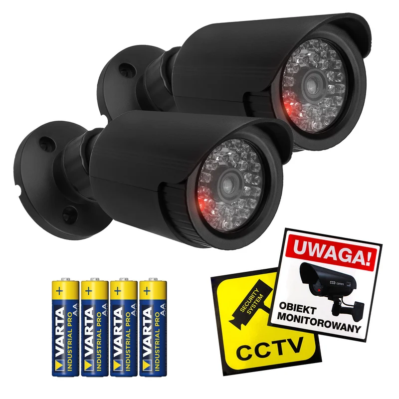 Set di due telecamere tubolari finte, LED IR, nere, alimentazione 2xAA (incluse), ABS, IR1800 BT
