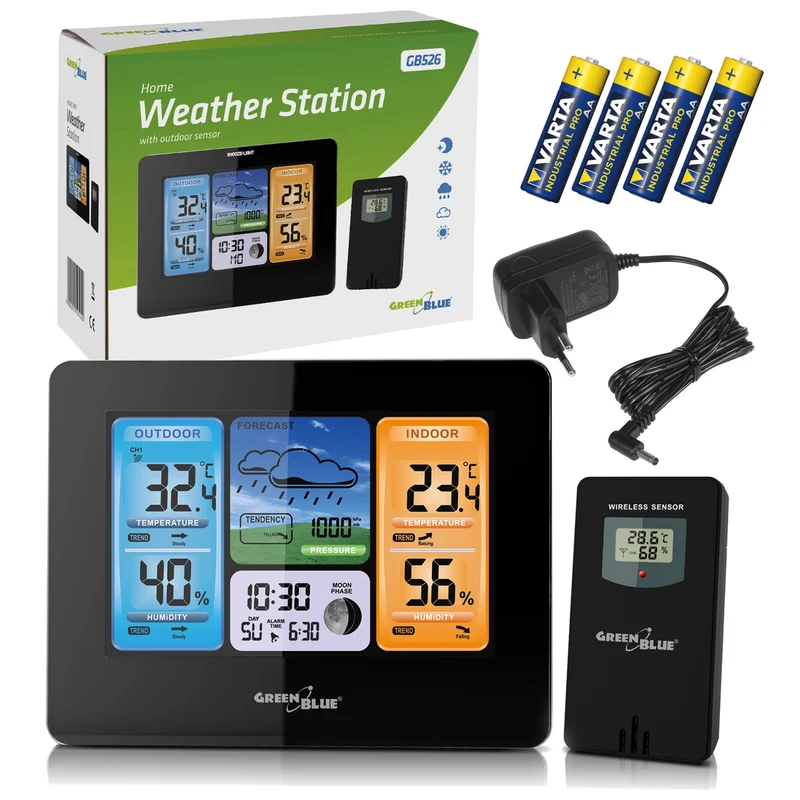 Stazione meteorologica wireless GreenBlue, a colori, con DCF, fasi lunari, alimentatore, batterie, GB526