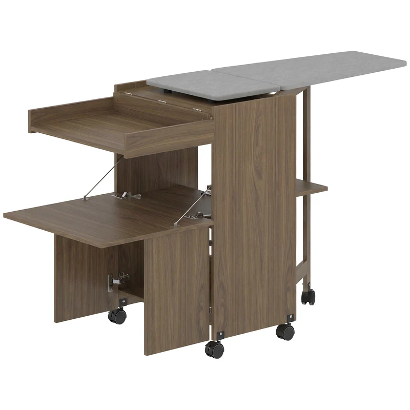 Mobile Asse da Stiro Pieghevole 154x55x87 cm con Porta Ferro e Indumenti con Vano Aperto Marrone