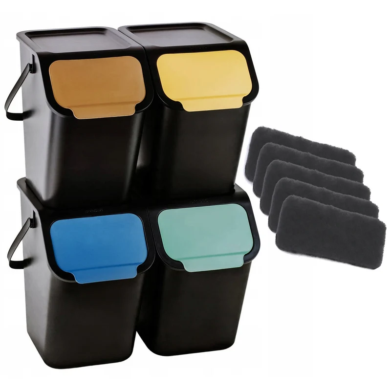 Set di 4 contenitori neri BINI da 25 l, con coperchio nero, colore delle alette: giallo, blu, verde, marrone + 5 filtri al carbone