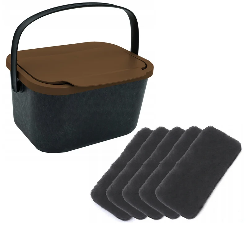 Contenitore per rifiuti organici, capacità 4,5 litri, nero con coperchio marrone, Mini Bini + 5 filtri al carbone Practic