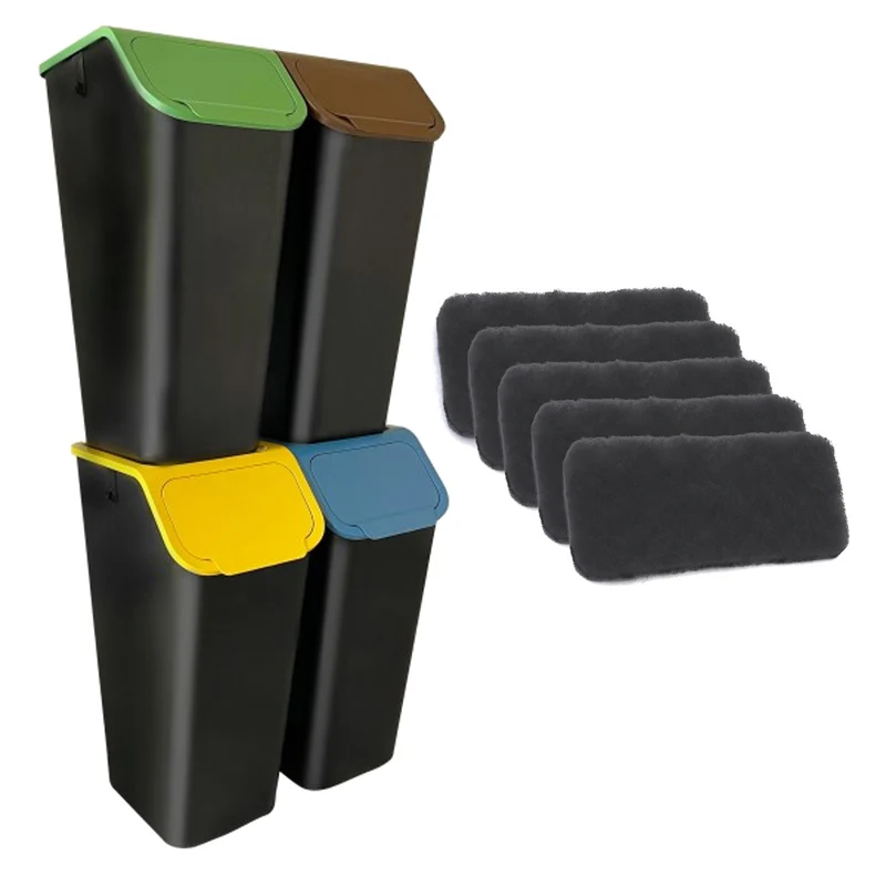 Set di 4 contenitori neri per la raccolta differenziata BINI da 4 x 35 L con coperchi blu/verde/giallo/marrone + 5 filtri al carbone