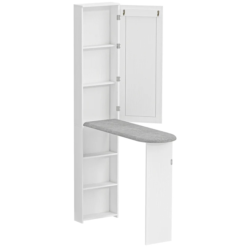 Mobile Asse da Stiro Pieghevole 107x35x174 cm a 6 Ripiani con Specchio e 2 Ganci in Legno e Poliestere Bianco