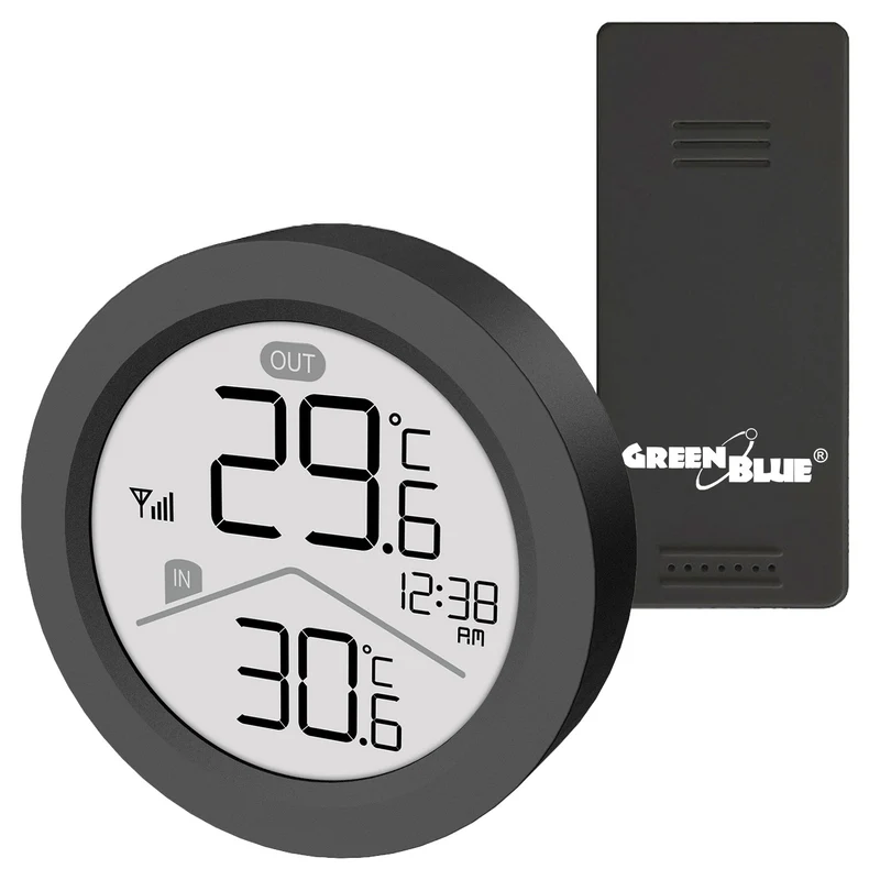 Stazione meteorologica wireless GreenBlue, temperatura interna/esterna, orologio, selezione °C / °F, portata fino a 60 m, nera, GB162 B