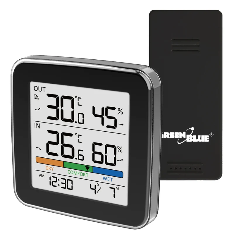 Stazione meteorologica wireless GreenBlue, temperatura e umidità interna/esterna, orologio, sveglia e data, °C / °F, fino a 60 m, nera, GB169 B