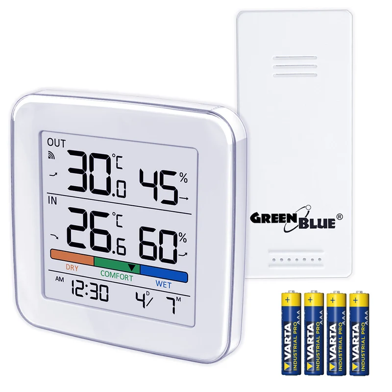 Stazione meteorologica wireless GreenBlue, temperatura + umidità IN/OUT, orologio + sveglia + data, scelta tra °C / °F, portata fino a 60 m, GB169, 4 batterie AAA