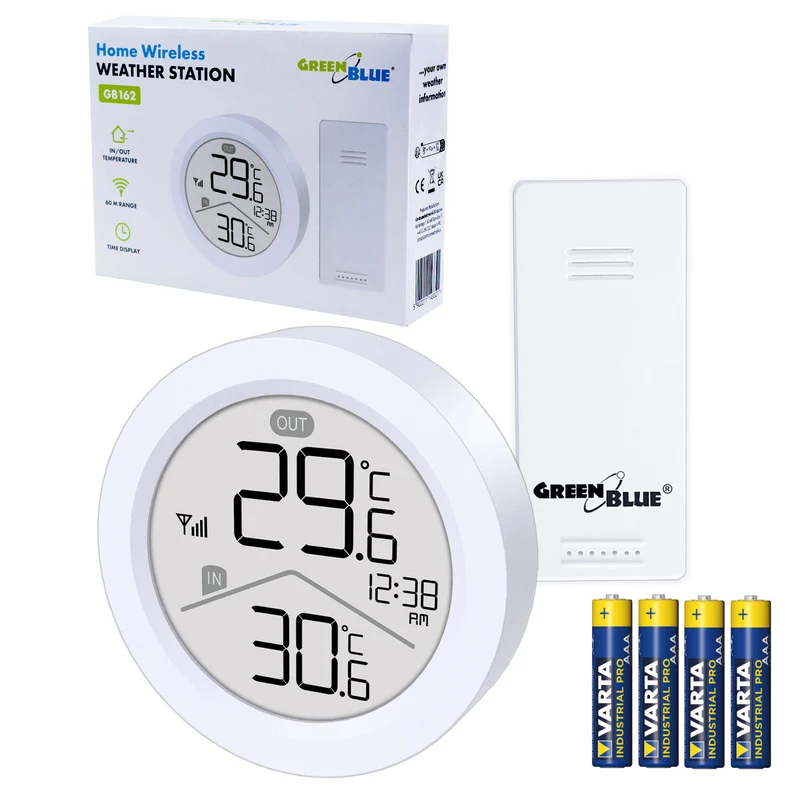 Stazione meteorologica wireless GreenBlue, temperatura IN/OUT, orologio, scelta tra °C / °F, portata fino a 60 m, GB162, 4 batterie AAA