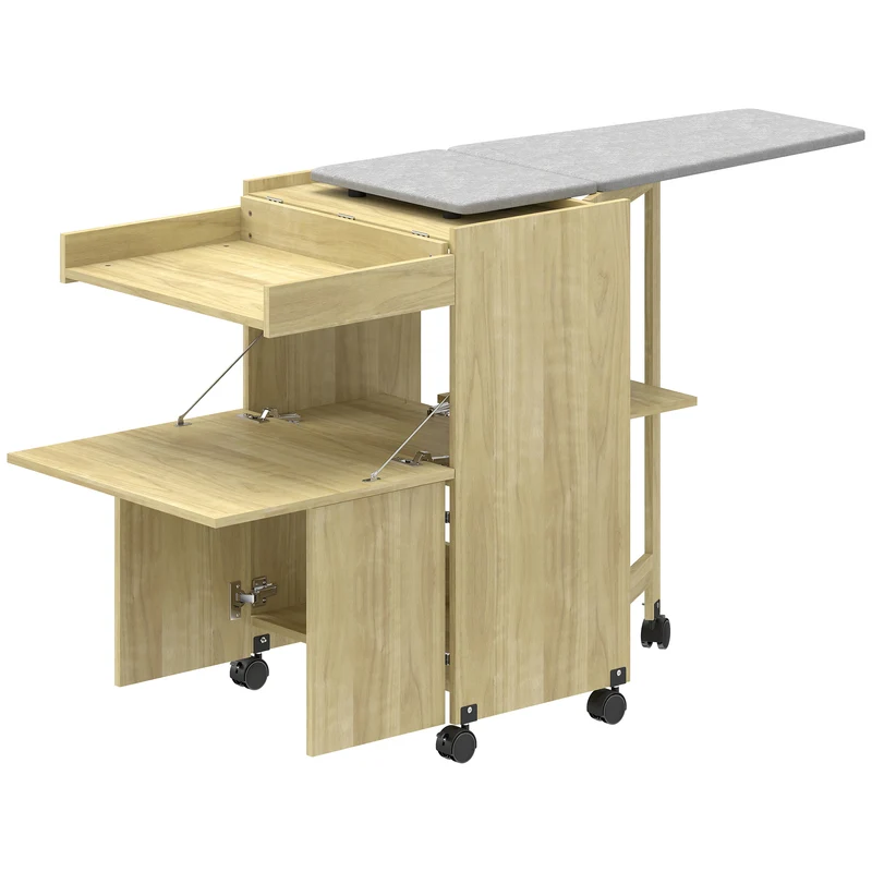Mobile Asse da Stiro Pieghevole 154x55x87 cm con Porta Ferro e Indumenti con Vano Aperto in MDF Color Legno