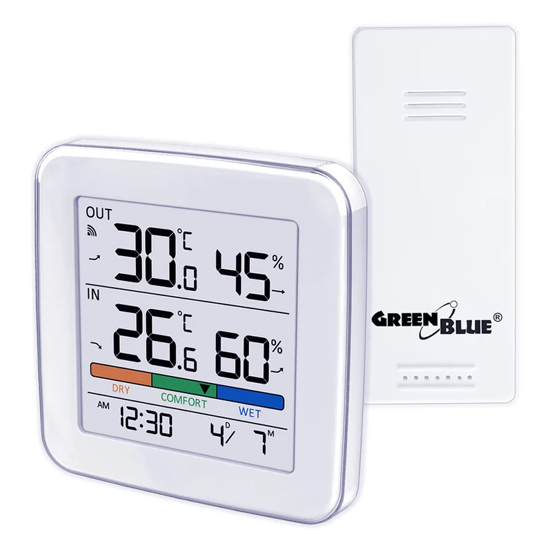 Stazione meteorologica wireless GreenBlue, temperatura + umidità IN/OUT, orologio + sveglia + data, scelta tra °C / °F, portata fino a 60 m, GB169