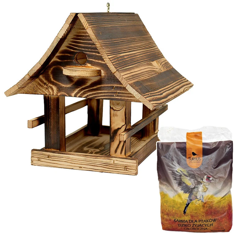 Mangiatoia per uccelli Woodok, in legno, cotta, gancio per appendere + semi per uccelli 1kg