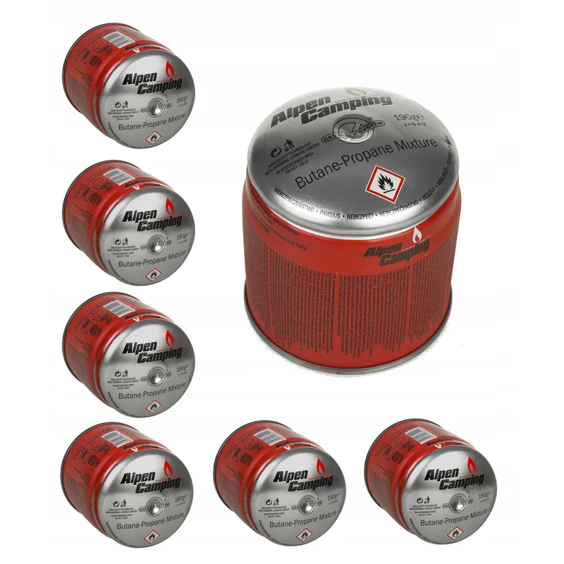 48x cartuccia gas Alpen Camping 400ml. Certificato: Pi 0437, conforme a EN417, propano-butano, range da -10°c a + 40°c, sistema GAS STOP IK006