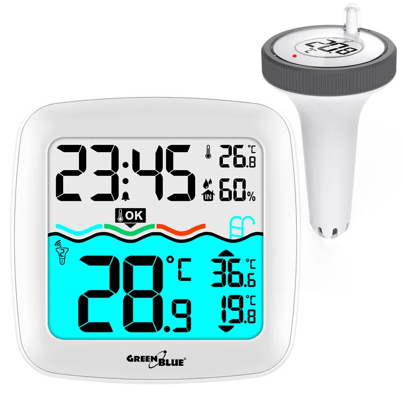 GreenBlue GB216 Termometro per piscina con Stazione meteo Termometro digitale radio per piscina Termometro galleggiante per piscina SPA Funzione orologio radio DCF