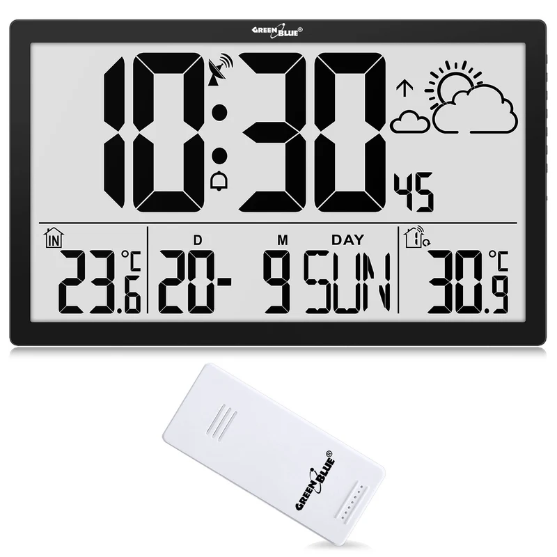 Stazione meteorologica Orologio digitale da parete con sensore esterno, orologio DCF, 37x22,5 cm Grande orologio da parete, sveglia con funzione snooze, display LCD, temperatura interna ed esterna, previsioni del tempo