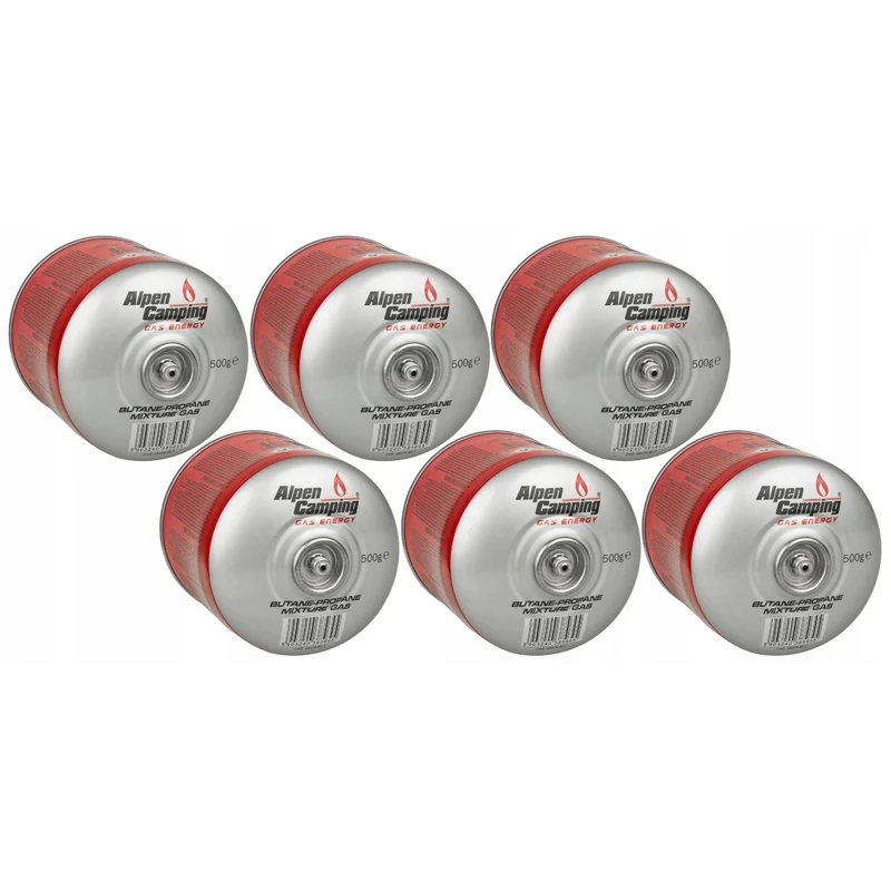 6x cartuccia di gas Alpen Camping 500g. Certificato: Pi 0437, secondo EN417, propano-butano, gamma da -10°c a + 40°c, valvola 7/16" IK008