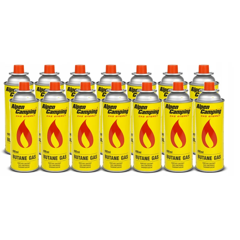 14x cartuccia di gas Alpen Camping 400ml. Certificato: Pi 0875, conforme a EN417, isobutano, intervallo di funzionamento da -10°c a + 40°c, IK004