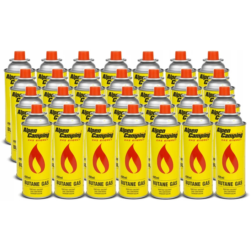 28x cartuccia di gas Alpen Camping 400ml. Certificato: Pi 0875, conforme a EN417, isobutano, intervallo di funzionamento da -10°c a + 40°c, IK004