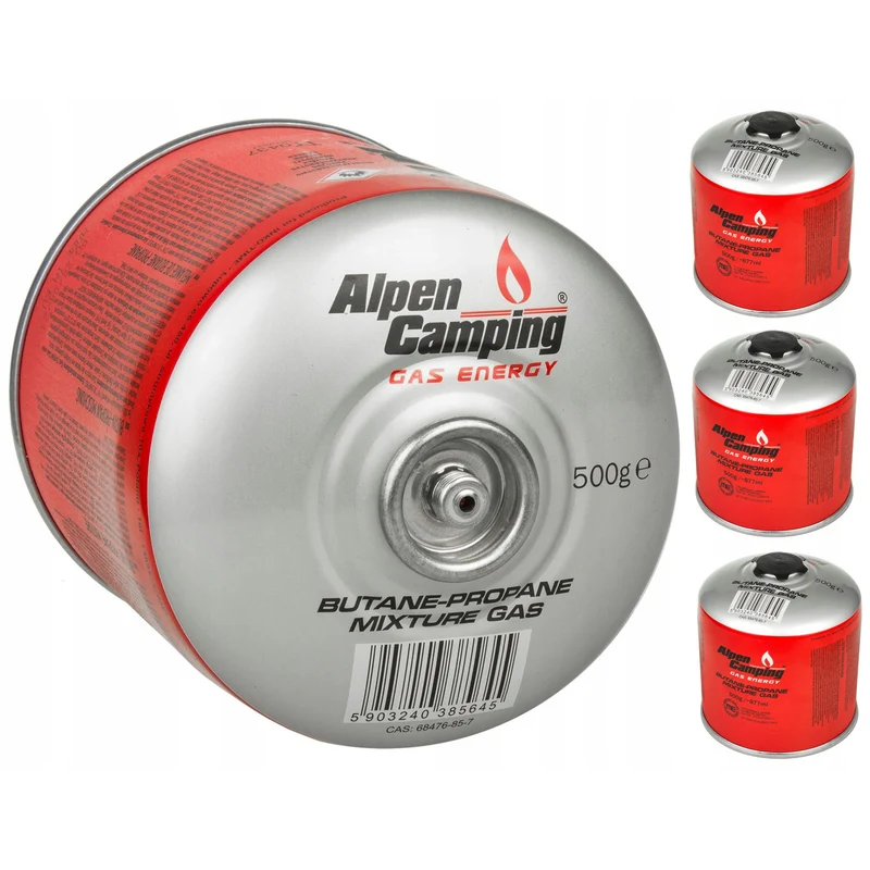 4 cartucce di gas Alpen Camping da 500 g. Certificato: Pi 0437, secondo EN417, propano-butano, gamma da -10°c a + 40°c, valvola 7/16" IK008