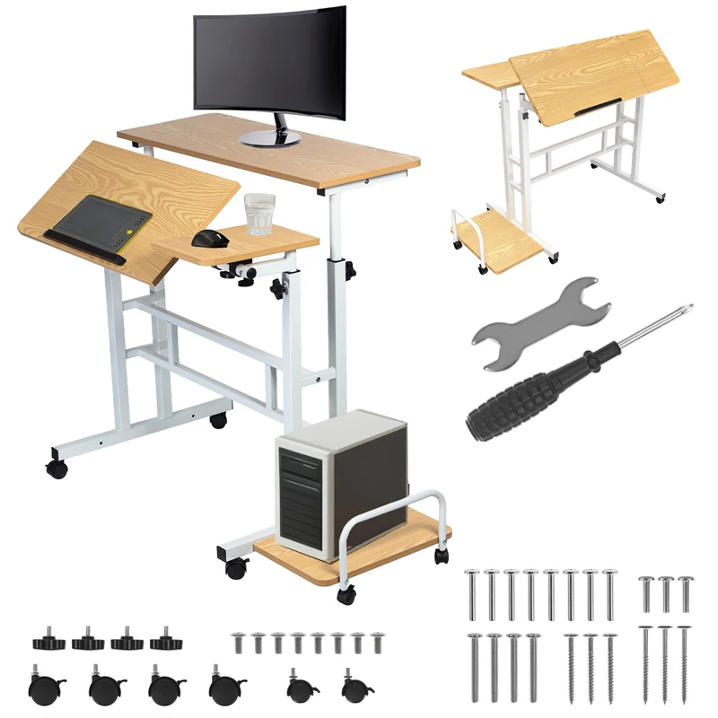 Tavolo mobile per laptop Maclean, bianco, piano 80x60cm, 50kg max, regolazione in altezza 67-115cm , MC-124 W