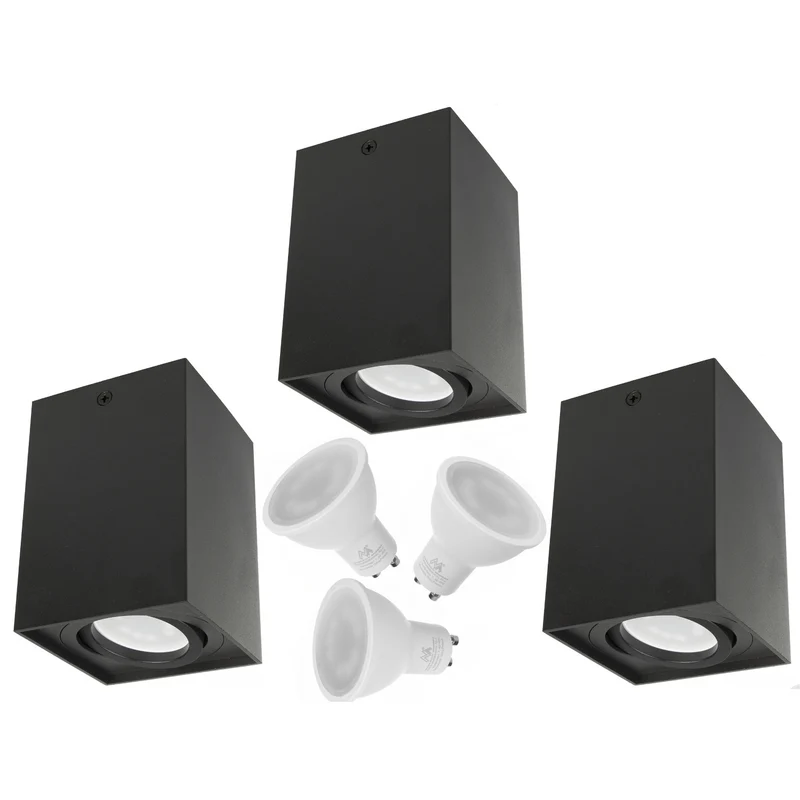 3x Tubo Maclean / apparecchio a plafone, spot, quadrato, alluminio, GU10, 80x80x115mm, nero, MCE426 B + 3x lampadina LED 5W