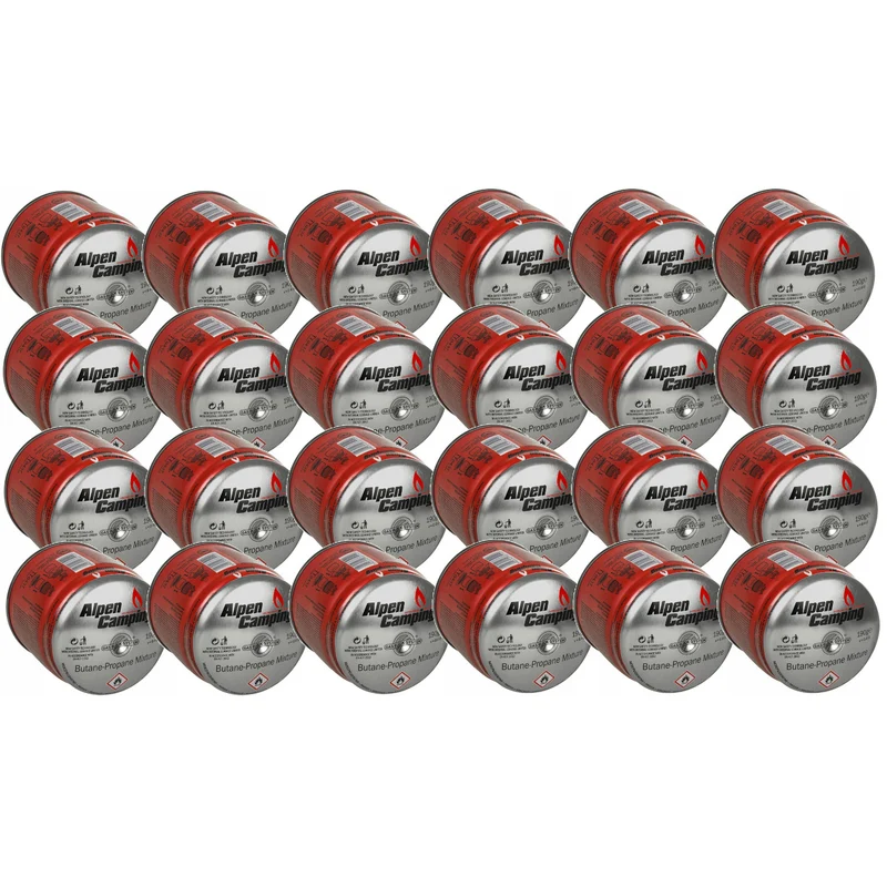 24x cartuccia di gas Alpen Camping 400ml. Certificato: Pi 0437, conforme a EN417, propano-butano, range da -10°c a + 40°c, sistema GAS STOP IK006