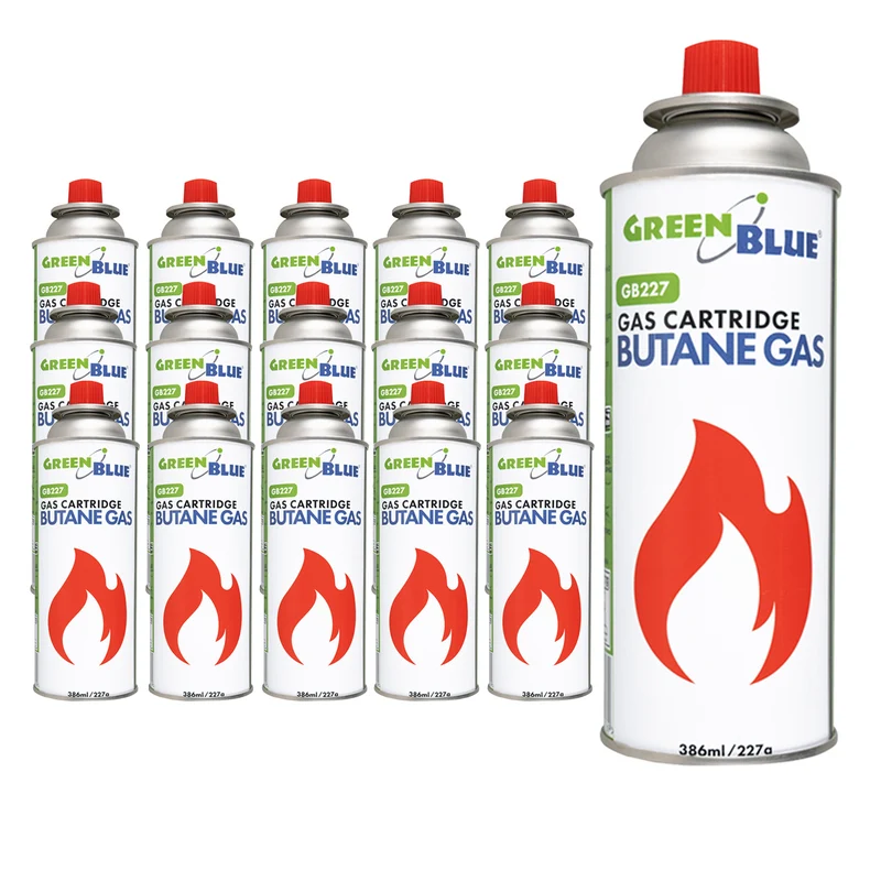 16 bombolette di gas da 227 g GreenBlue. Certificato: Pi 0875, conforme alla norma EN 417, butano, intervallo di funzionamento da -10 °C a +40 °C, GB227