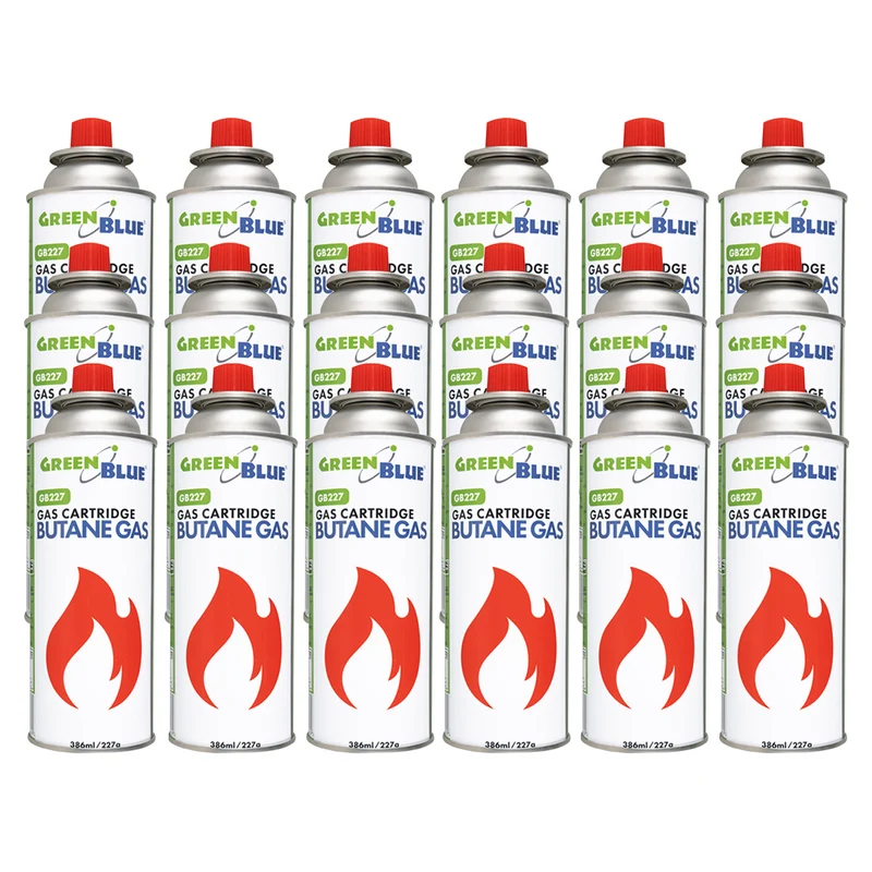 18 bombolette di gas da 227 g GreenBlue. Certificato: Pi 0875, conforme alla norma EN 417, butano, intervallo di funzionamento da -10 °C a +40 °C, GB227