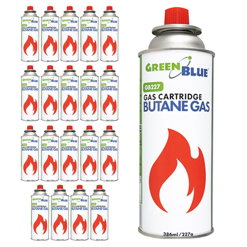 20 bombolette di gas da 227 g GreenBlue. Certificato: Pi 0875, conforme alla norma EN 417, butano, intervallo di funzionamento da -10 °C a +40 °C, GB227