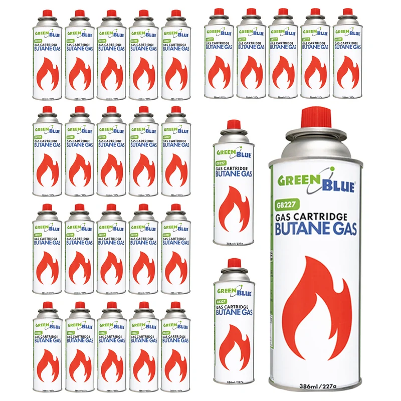 28 bombolette di gas da 227 g GreenBlue. Certificato: Pi 0875, conforme alla norma EN 417, butano, intervallo di funzionamento da -10 °C a +40 °C, GB227
