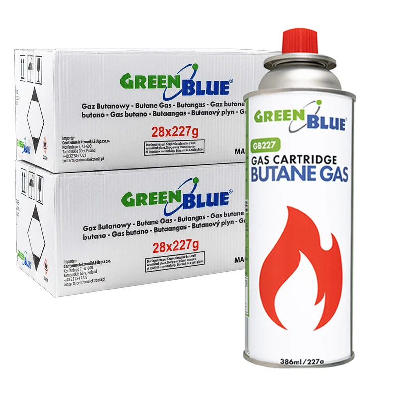 56 cartucce di gas da 227 g GreenBlue. Certificato: Pi 0875, conforme alla norma EN 417, butano, intervallo di funzionamento da -10 °C a +40 °C, GB227
