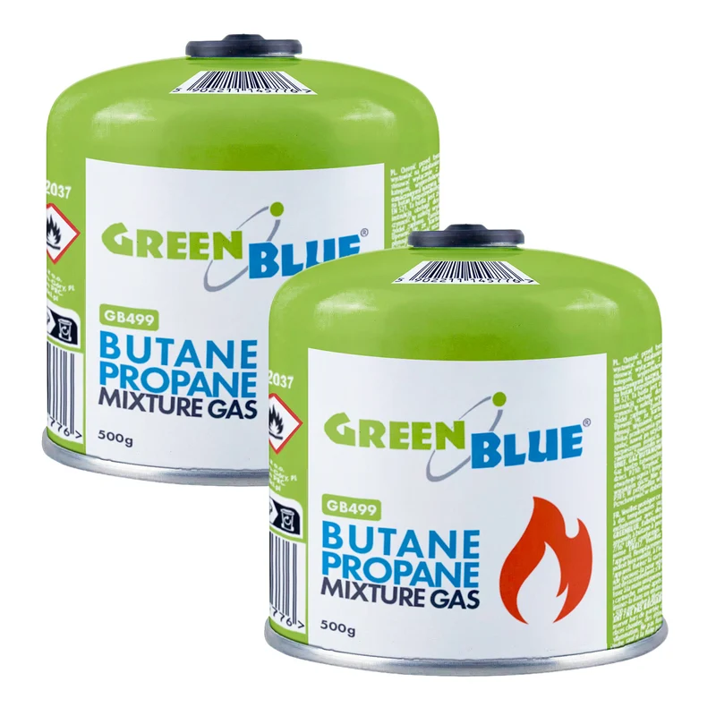 2 bombole di gas da 500 g GreenBlue. Certificato: Pi 0437, conforme alla norma EN 417, butano-propano, intervallo di temperatura da -10 °C a +40 °C, valvola filettata 7/16'' GB499