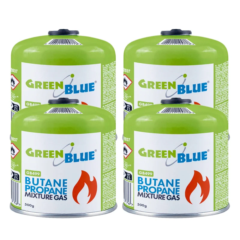 4 bombolette di gas da 500 g GreenBlue. Certificato: Pi 0437, conforme alla norma EN 417, butano-propano, intervallo di temperatura da -10 °C a +40 °C, valvola filettata da 7/16'' GB499