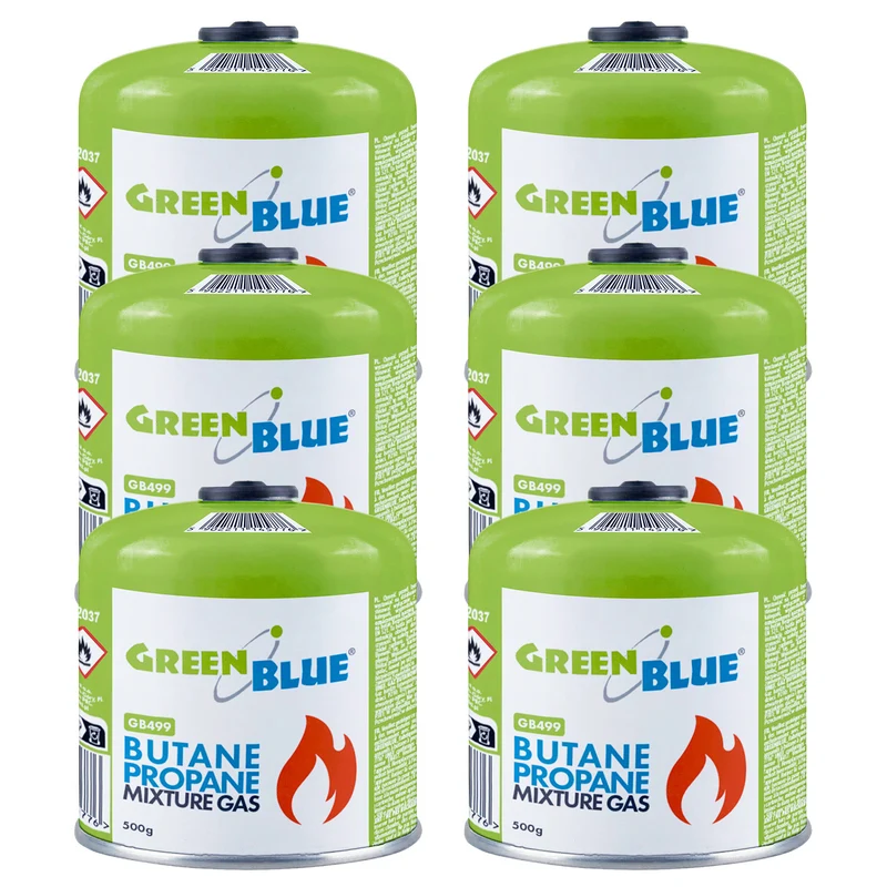 6 bombole di gas da 500 g GreenBlue. Certificato: Pi 0437, conforme alla norma EN 417, butano-propano, intervallo di temperatura da -10 °C a +40 °C, valvola filettata 7/16'' GB499