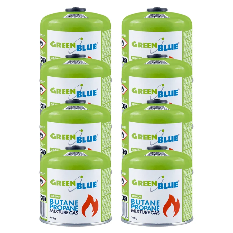 8 bombole di gas da 500 g GreenBlue. Certificato: Pi 0437, conforme alla norma EN 417, butano-propano, intervallo di temperatura da -10 °C a +40 °C, valvola filettata 7/16'' GB499
