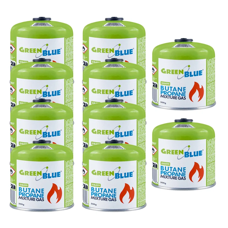 10 bombole di gas da 500 g GreenBlue. Certificato: Pi 0437, conforme alla norma EN 417, butano-propano, intervallo di temperatura da -10 °C a +40 °C, valvola filettata 7/16'' GB499