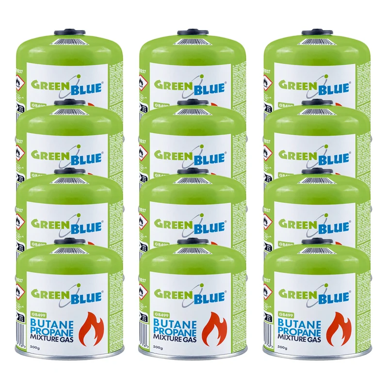 12 bombolette di gas da 500 g GreenBlue. Certificato: Pi 0437, conforme alla norma EN 417, butano-propano, intervallo di temperatura da -10 °C a +40 °C, valvola filettata 7/16'' GB499