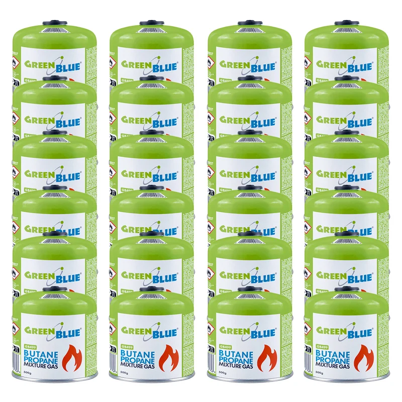 24 bombolette di gas da 500 g GreenBlue. Certificato: Pi 0437, conforme alla norma EN 417, butano-propano, intervallo di temperatura da -10 °C a +40 °C, valvola filettata 7/16'' GB499