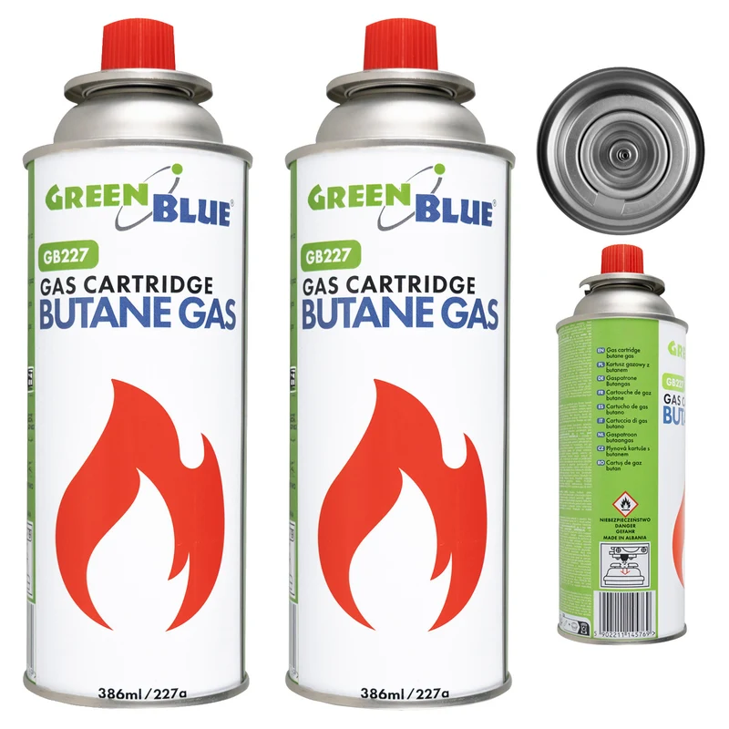 2 bombole di gas da 227 g GreenBlue. Certificato: Pi 0875, conforme alla norma EN 417, butano, intervallo di funzionamento da -10 °C a +40 °C, GB227