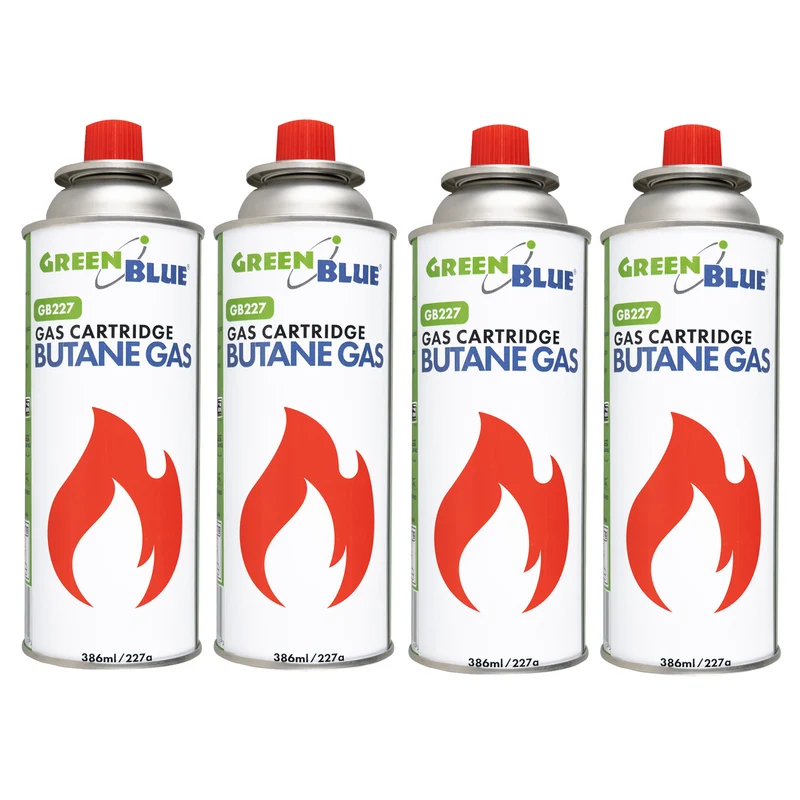 4 bombolette di gas da 227 g GreenBlue. Certificato: Pi 0875, conforme alla norma EN 417, butano, intervallo di funzionamento da -10 °C a +40 °C, GB227