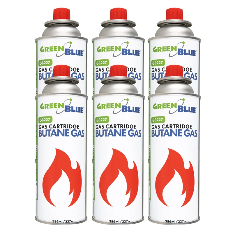 6 bombolette di gas da 227 g GreenBlue. Certificato: Pi 0875, conforme alla norma EN 417, butano, intervallo di funzionamento da -10 °C a +40 °C, GB227