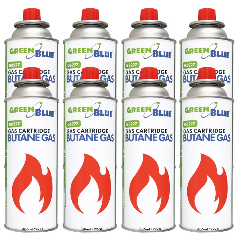 8 bombolette di gas da 227 g GreenBlue. Certificato: Pi 0875, conforme alla norma EN 417, butano, intervallo di funzionamento da -10 °C a +40 °C, GB227