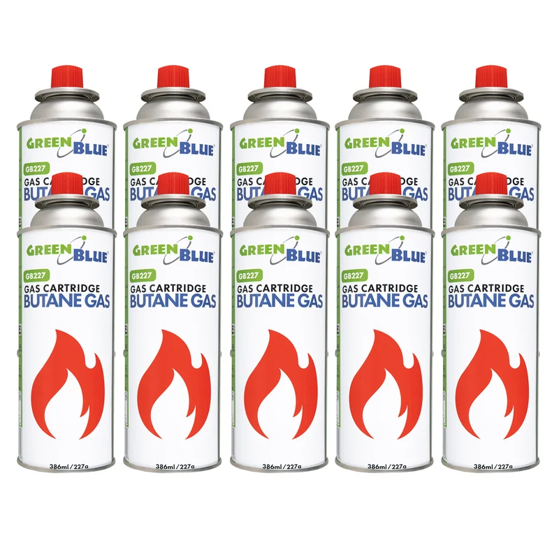 10 bombolette di gas da 227 g GreenBlue. Certificato: Pi 0875, conforme alla norma EN 417, butano, intervallo di funzionamento da -10 °C a +40 °C, GB227