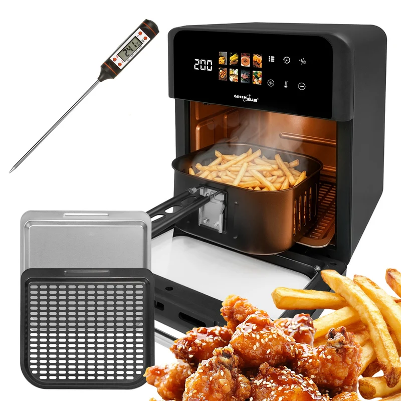 Friggitrice senza olio AIR FRYER GreenBlue, potenza 1800 W, capacità 10 l, 8 programmi, accessori, timer, GB950 + termometro/sonda per alimenti, GreenBlue GB178
