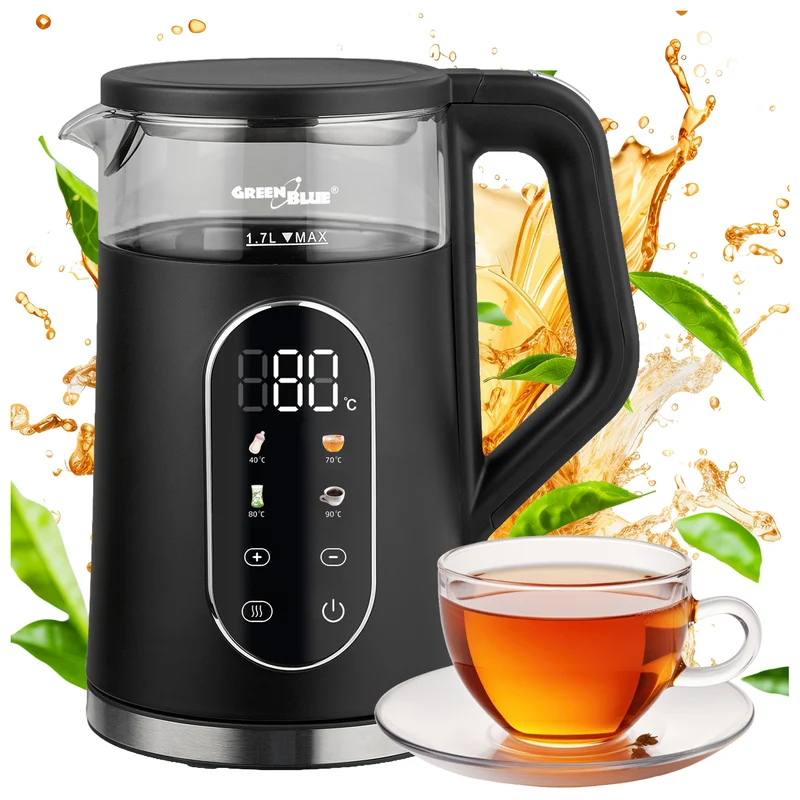 Bollitore elettrico senza filo GreenBlue, capacità 1,7 l, serbatoio in vetro, display di facile lettura, selezione della temperatura, 2200 W, GB670 B