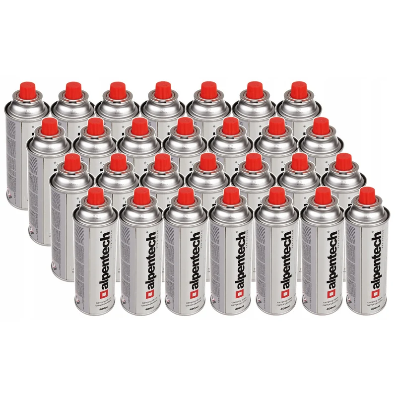28x cartuccia di gas Alpentech 400ml, certificazione: Pi 0875, conforme a EN417, isobutano, campo di funzionamento da -10°c a + 40°c, IK300