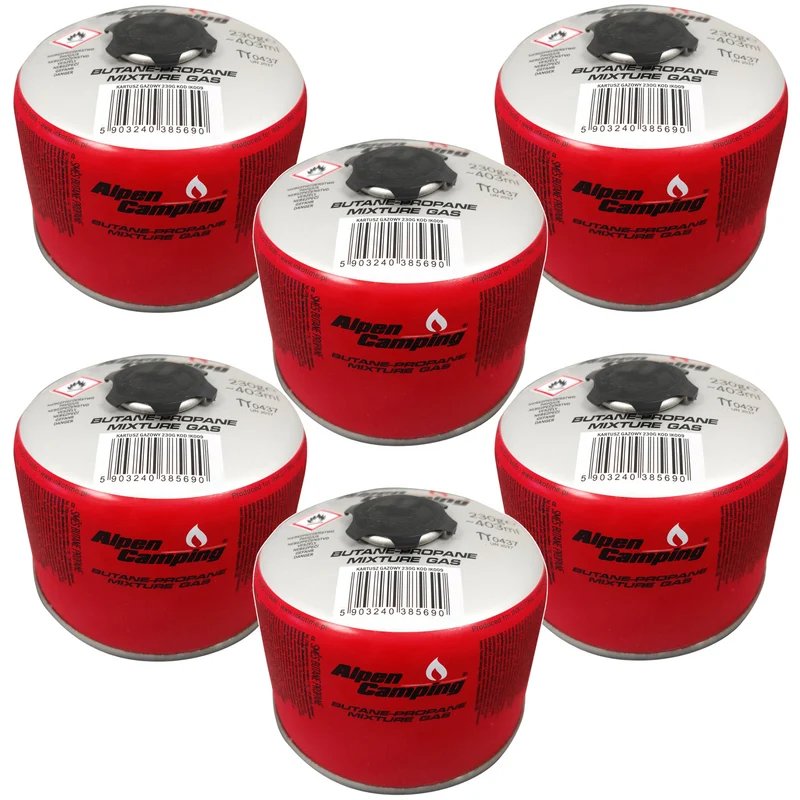 Cartuccia di gas 230g Alpen Camping. Certificato: Pi 0656, conforme a EN417, propano-butano, range da -10°c a + 40°c, valvola filettata 7/16" IK009, 6 pezzi.